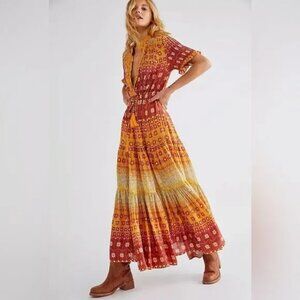Free People - Rare Feeling Tiered Printed Tassels Tie Maxi Dress - Sz S